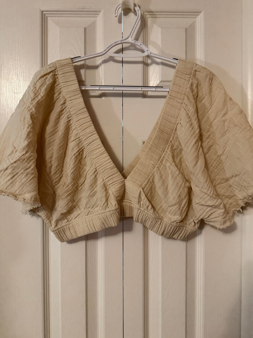 Aerie Women's Deep V Cropped Flutter Sleeve Top - Beige